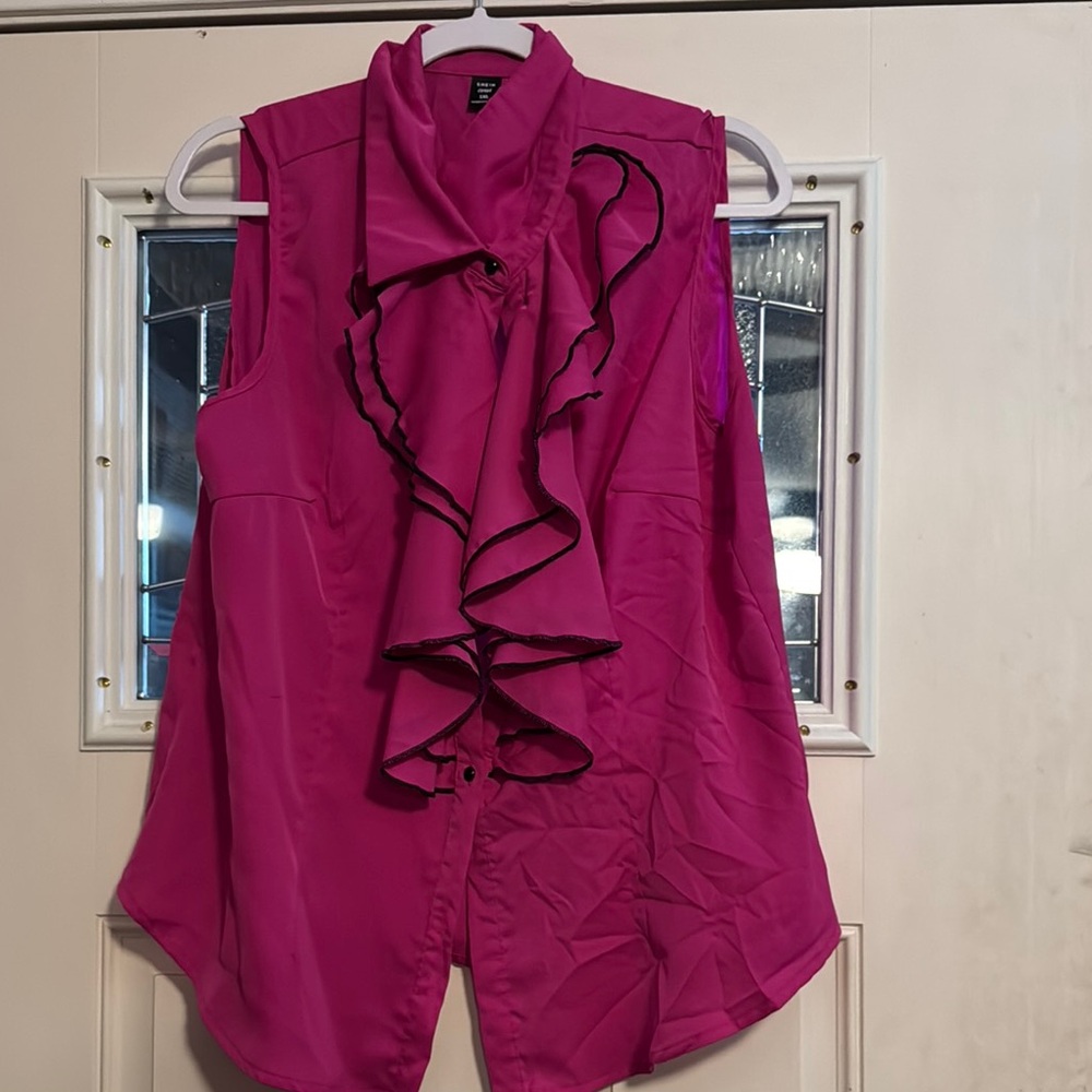SHEIN Pink Ruffled Sleeveless Blouse with Mandarin Collar